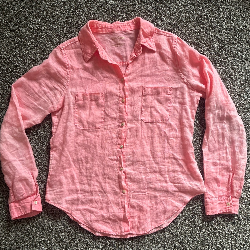 Lily Pulitzer Sea View Linen Button Up Shirt Pink XS